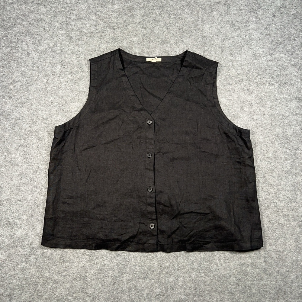 EILEEN FISHER Vest Womens XL Black Linen Button Front Pockets Unlined Relaxed